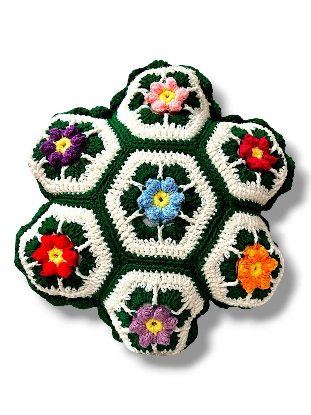 Vintage Handmade Crochet Flower Pillow | Retro Floral Throw Pillow | Boho